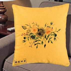Perna Decorativa Buchet Flori Albastre Acuarela, 40x40 cm, Galben, Husa Detasabila, Perna Inclusa, BEKZ®