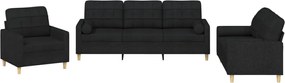 vidaXL Set de canapele cu perne, 3 piese, negru, textil