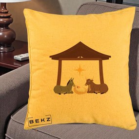 Perna Decorativa Ieslea din Betleem cu Iesle Asin si Bou, 40x40 cm, Galben, Husa Detasabila, Perna Inclusa, BEKZ®