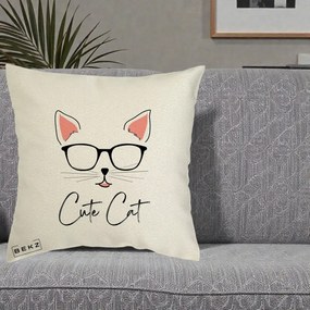 Perna Personalizata Cute Cat cu Ochelari, 40x40 cm, Ecru, Husa Detasabila, Perna Inclusa, BEKZ®