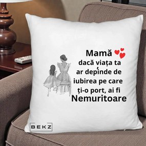 Cadou pentru Mama - Perna Personalizata Mama Nemuritoare Line Art, 40x40 cm, Alb Pufos, Husa Detasabila, Perna Inclusa, BEKZ®