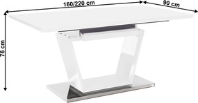 Masă dining, pliabilă, alb luciu extra ridicat / oţel, 160-220x90 cm, PERAK