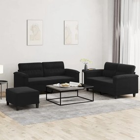 vidaXL Set de canapele cu perne, 3 piese, negru, microfibră