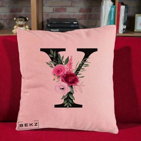 Cadou Personalizat - Perna Personalizata Monograma Florala Litera Y cu Buchet, 40x40 cm, Roz, Husa Detasabila, Perna Inclusa, BEKZ®