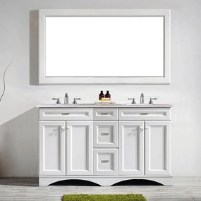Set mobilier baie, dulap lemn 3 sertare cu dublu lavoar, blat quartz + oglinda rama lemn, Egora 152.4x55.8x86 cm, alb