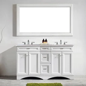 Set mobilier baie, dulap lemn 3 sertare cu dublu lavoar, blat quartz + oglinda rama lemn, Egora 152.4x55.8x86 cm, alb