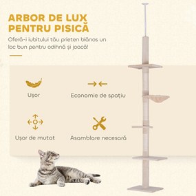 PawHut Centru de Joacă pentru Pisici cu Nivele Multiple, Hamac și Înălțime Reglabilă, 40x34x230-260cm, Bej | Aosom Romania