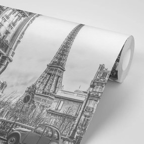 Tapet autoadeziv Turnul Eiffel de pe strada Parisului în alb-negru