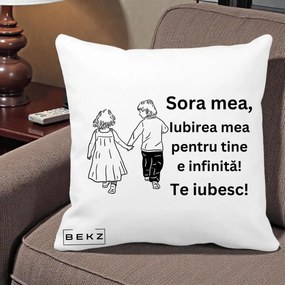 Cadou pentru Sora - Perna Personalizata Sora Mea Te Iubesc Copii Tinand Maini din Spate, 40x40 cm, Alba Mata, Husa Detasabila, Perna Inclusa, BEKZ®