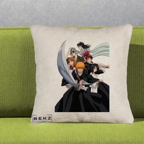 Perna Personalizata Bleach Grup Complet Ichigo si Prietenii, 40x40 cm, Bej Canapea, Husa Detasabila, Perna Inclusa, BEKZ®