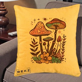 Perna Decorativa Ciuperci Boho Multicolore, 40x40 cm, Galben, Husa Detasabila, Perna Inclusa, BEKZ®
