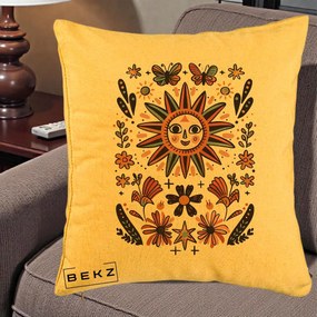 Perna Decorativa Soare Boho Folk Fluturi, 40x40 cm, Galben, Husa Detasabila, Perna Inclusa, BEKZ®