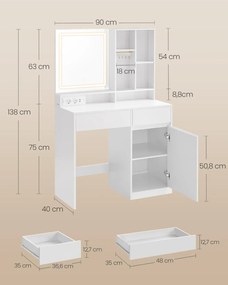 SEA804 - Set Masa toaleta 90 cm, cu dulapior Bijuterii, Priza, USB, USB-C, cosmetica, machiaj, oglinda cu LED, masuta vanity - Alb