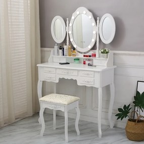 RESIGILAT- Set ILINCA, Masă de toaletă cu 3 oglinzi, iluminare LED, control touch, 7 sertare, scaun, Alb