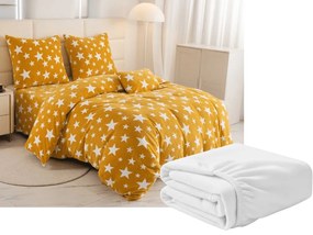 Set Lenjerie cocolino HVEDZDY galben-portocaliu + Cearsaf Cocolino microplus cu elastic SOFT 180x200 cm alb, pat dublu