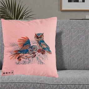 Perna Decorativa Bufnite de Iarna Albastre, 40x40 cm, Roz, Husa Detasabila, Perna Inclusa, BEKZ®
