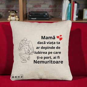 Cadou pentru Mama - Perna Personalizata Mama Nemuritoare Portret Graphic, 40x40 cm, Bej Canapea, Husa Detasabila, Perna Inclusa, BEKZ®