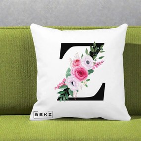 Cadou Personalizat - Perna Personalizata Monograma Florala Litera Z cu Buchet, 40x40 cm, Alba Mata, Husa Detasabila, Perna Inclusa, BEKZ®