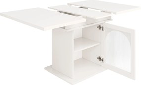 Masă de dining extensibilă cu 3 rafturi și uși din sticlă, 110-140x80x76 cm, Alb