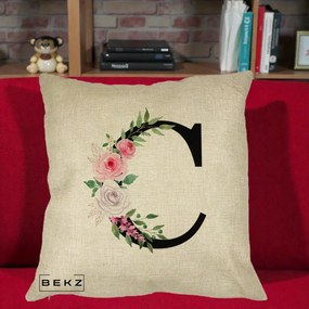 Cadou Personalizat - Perna Personalizata Monograma Florala Litera C, 40x40 cm, Crem, Husa Detasabila, Perna Inclusa, BEKZ®