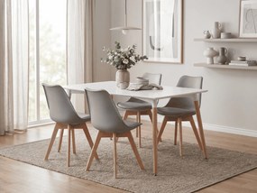 Set de dining 1 + 4, masa alba ADRIA 120x80 cm + scaun gri deschis BALI MARK cu picioare din lemn de fag