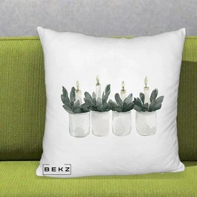 Perna Decorativa Lumanari in Borcane cu Eucalipt, 40x40 cm, Alb Pufos, Husa Detasabila, Perna Inclusa, BEKZ®