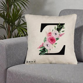 Cadou Personalizat - Perna Personalizata Monograma Florala Litera Z cu Buchet, 40x40 cm, Bej Canapea, Husa Detasabila, Perna Inclusa, BEKZ®