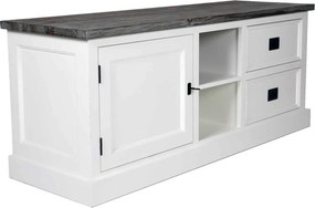Comodă TV lemn masiv alb Lahoma 5 compartimente /Maro, 133 × 43 × 55 cm
