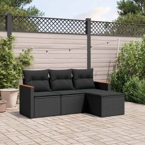 3258303 vidaXL Set mobilier de grădină cu perne, 4 piese, negru, poliratan