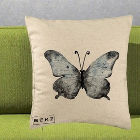 Perna Decorativa Fluture Acuarela Albastru-Gri, 40x40 cm, Bej, Husa Detasabila, Perna Inclusa, BEKZ®