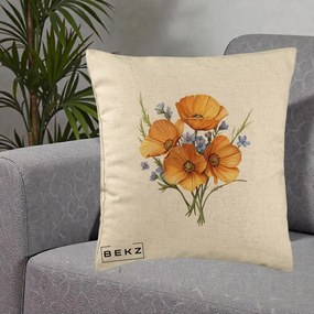 Perna Decorativa Maci Portocalii cu Floricele Albastre, 40x40 cm, Bej, Husa Detasabila, Perna Inclusa, BEKZ®