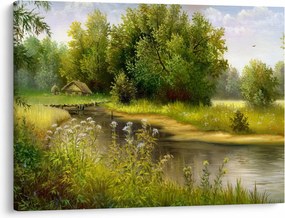 Tablou - Râu lângă pădure, pictură în ulei (70x50 cm)