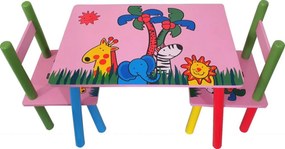 Masuta copii din MDF cu doua scaune Novokids™ My first table, dimensiuni 59X39X40, Suprafata lucioasa, Roz cu Animalute