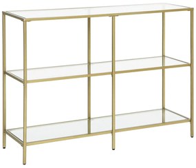 Masa consola din sticla securizata, Masa canapea cu 3 rafturi 100 x 73 x 30 cm, auriu