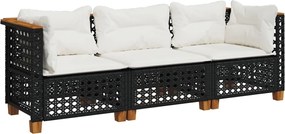 vidaXL Canapea de grădină cu perne, 3 locuri, negru, poliratan