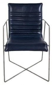 Scaun dining, albastru, din piele naturala si metal, Saint-Tropez