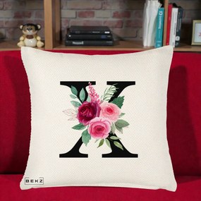 Cadou Personalizat - Perna Personalizata Monograma Florala Litera X cu Buchet, 40x40 cm, Crem Reliefat, Husa Detasabila, Perna Inclusa, BEKZ®