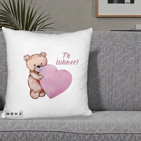 Cadou Romantic - Perna Personalizata Te Iubesc Ursulet cu Inima Roz Acuarela, 40x40 cm, Alb Pufos, Husa Detasabila, Perna Inclusa, BEKZ®