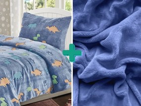 Lenjerie de pat fosforescenta din microplus LIZARDS albastru + cearceaf microplus SOFT 90x200 cm albastru