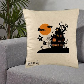 Perna Decorativa Halloween Casa Bantuita cu Fantome, 40x40 cm, Bej, Husa Detasabila, Perna Inclusa, BEKZ®