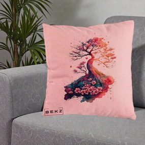 Perna Decorativa Copac Sakura Acuarela Fantasy, 40x40 cm, Roz, Husa Detasabila, Perna Inclusa, BEKZ®