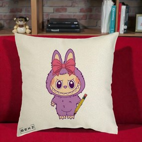 Perna Personalizata Labubu Mov cu Funda Rosie si Creion, 40x40 cm, Ecru, Husa Detasabila, Perna Inclusa, BEKZ®