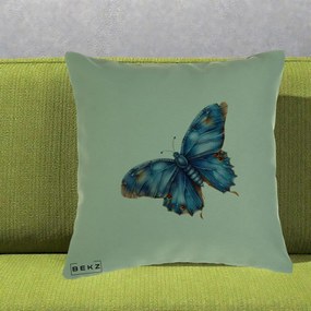 Perna Decorativa Fluture Albastru Satin cu Pete Aurii, 40x40 cm, Verde, Husa Detasabila, Perna Inclusa, BEKZ®