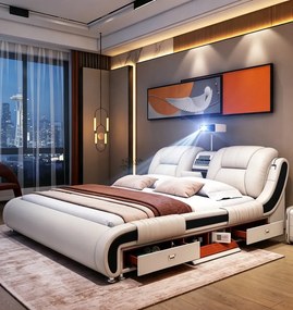 MOB05 Premium 180x200 cm Beige Left Drawer – Pat Inteligent Premium cu Proiector, Purificator de Aer, Vibromasaj, Boxe Bluetooth, Seif Integrat și Spații de Depozitare