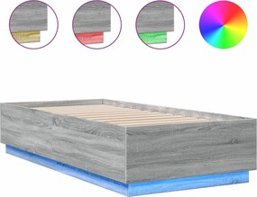 vidaXL Cadru de pat cu lumini LED gri sonoma 90x200 cm, lemn prelucrat