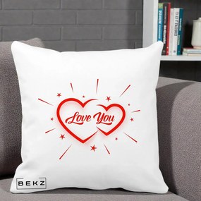 Cadou Romantic - Perna Personalizata Love You Doua Inimi, 40x40 cm, Alba Mata, Husa Detasabila, Perna Inclusa, BEKZ®