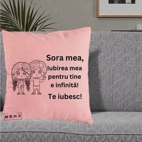Cadou pentru Sora - Perna Personalizata Sora Mea Te Iubesc Copii Anime Line Art, 40x40 cm, Roz, Husa Detasabila, Perna Inclusa, BEKZ®