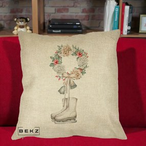 Perna Decorativa Patine cu Coroana Florala de Craciun, 40x40 cm, Crem, Husa Detasabila, Perna Inclusa, BEKZ®