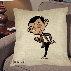 Perna Personalizata Mr. Bean Caricatura, 40x40 cm, Crem, Husa Detasabila, Perna Inclusa, BEKZ®