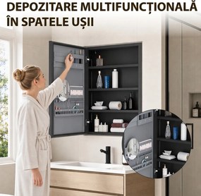 HOMCOM Dulap de baie cu oglindă, raft reglabil, panou multifuncțional, negru | Aosom Romania